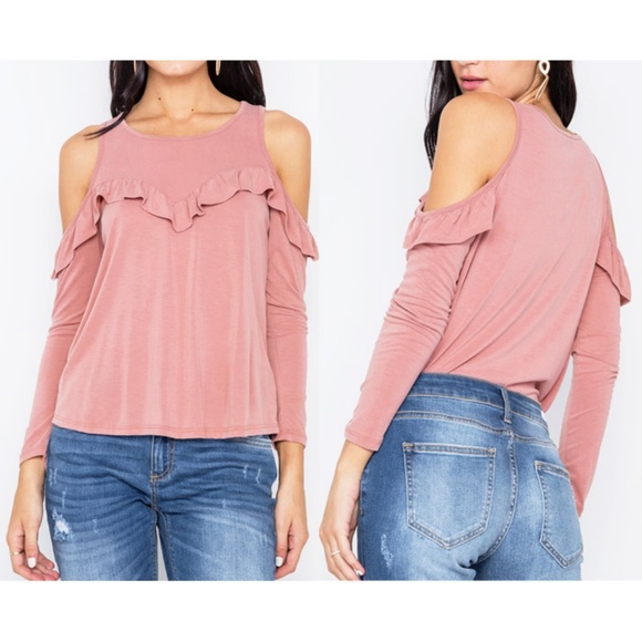 Mauve Pink Pretty Ruffle Soft Cold Shoulder Top - Picture 4 of 8